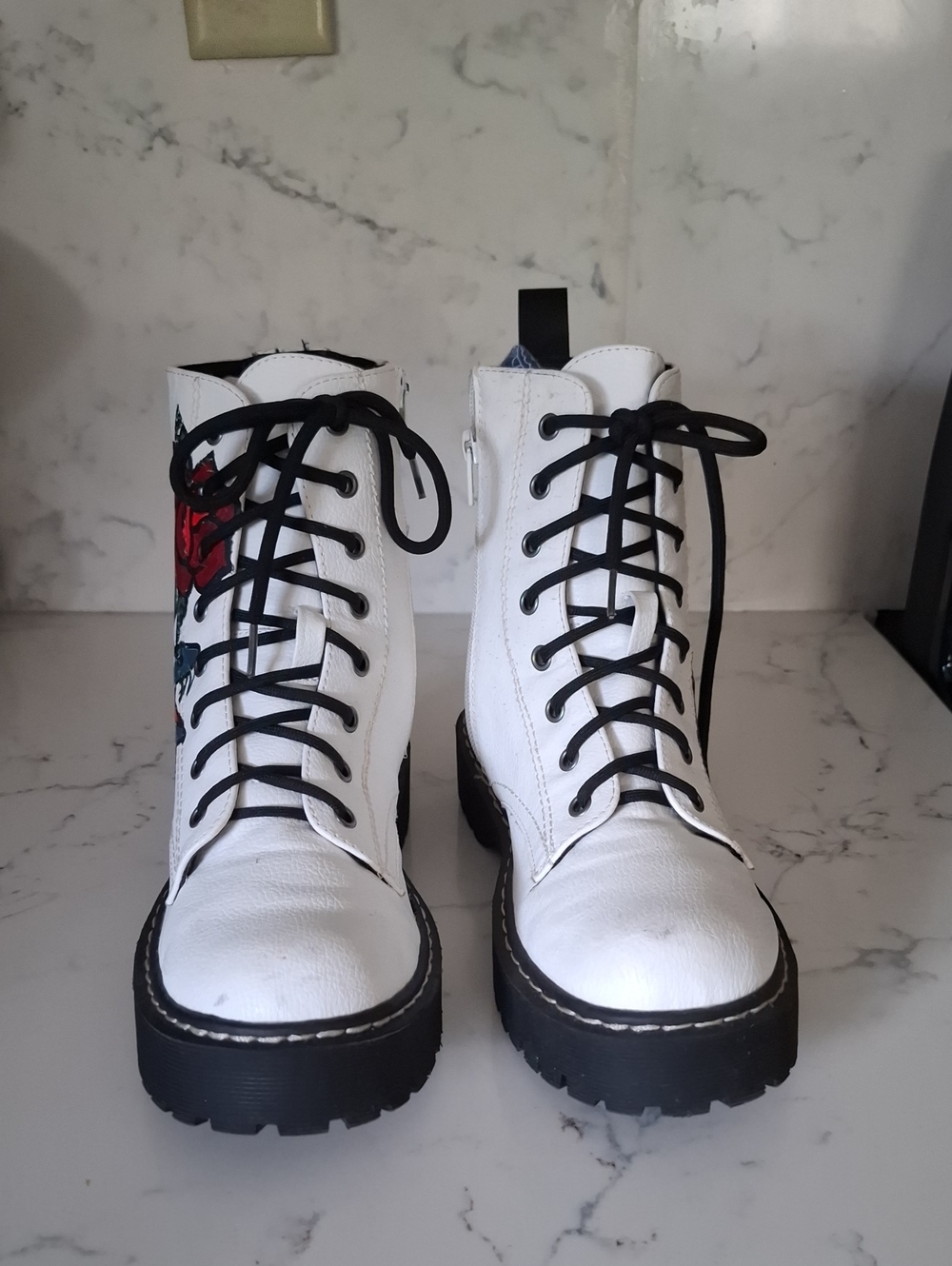 Sincerely Jules White Lace-Up Combat Boots with Red Rose Accent
